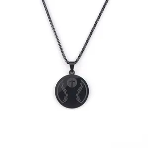 Collier noir en acier inoxydable avec pendentif croix baseball et chaîne maille
