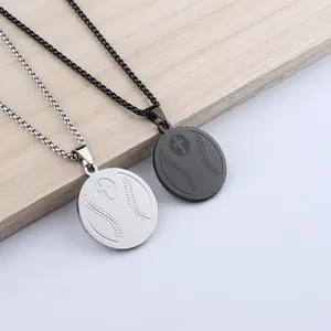 Collier homme en acier inoxydable avec pendentifs croix de baseball argent et noir