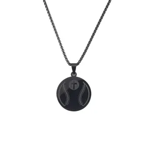 Collier noir en acier inoxydable avec pendentif croix baseball et chaîne maille