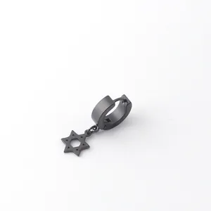 Men's black stainless steel hoop earring with a matte Star of David pendant