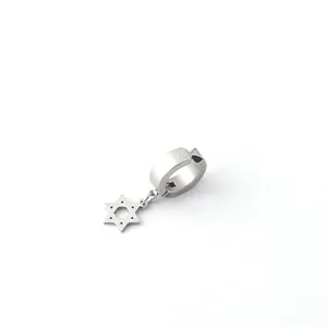Silver stainless steel huggie hoop earring with a minimalist hexagram star pendant