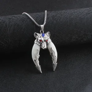 Vintage wolf head pendant necklace for men with red and blue crystals on beaded chain