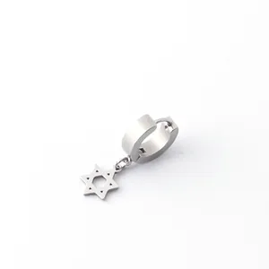 Single silver stainless steel hoop earring with a dangling Star of David pendant