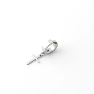 Men's silver stainless steel clip-on hoop earring with a dangling cross pendant