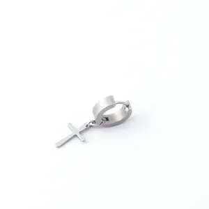 Silver stainless steel huggie hoop earring with cross pendant for men and women
