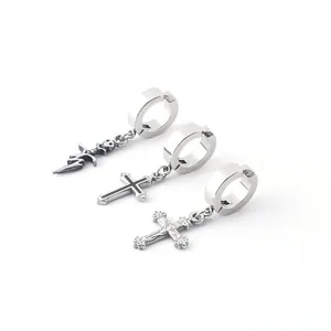 Stainless Steel Hoop Earrings With Cross Skull Pendants Punk Gothic Style For Women Men Unisex Jewelry Accessory Gift