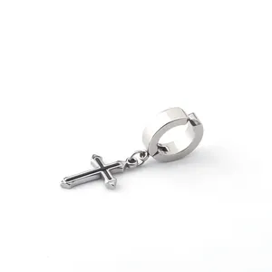 Polished stainless steel hoop earring with black enamel gothic cross pendant for men and women