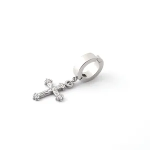 Polished silver stainless steel hoop earrings with a detailed gothic cross pendant charm