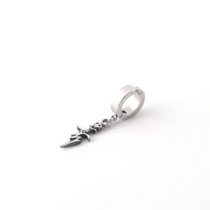 Unisex stainless steel hoop earring with a vintage gothic skull and lightning bolt pendant