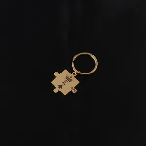 Golden King puzzle-shaped stainless steel keychain with crown and spade motif on black texture