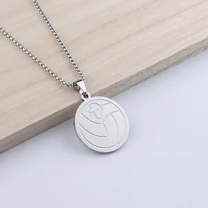 Collier pendentif volley-ball en acier inoxydable argenté avec détail croix et chaîne