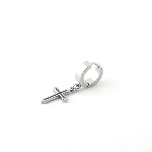 Silver stainless steel huggie hoop earring featuring a black enamel cross pendant