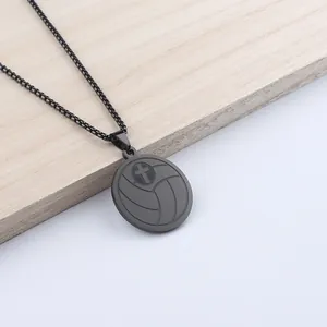 Collier homme en acier inoxydable noir avec pendentif mat de volleyball et croix