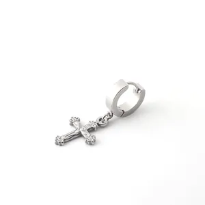 Silver stainless steel hoop earring featuring a vintage cross pendant with embossed details