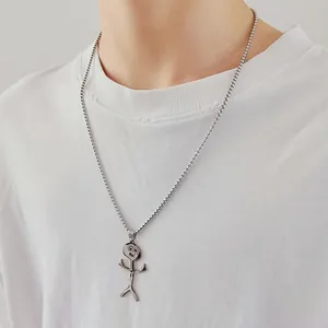 Close-up of a funny matchstick man pendant with middle finger gesture on bead chain