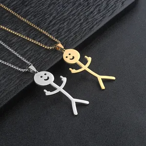 Funny Stickman Middle Finger Pendant Necklace Stainless Steel Smiley Face Sarcastic Charm Jewelry For Men Women Daily Party
