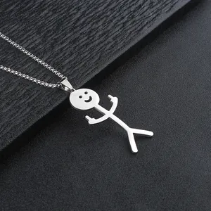 Funny stickman middle finger pendant necklace in polished silver stainless steel