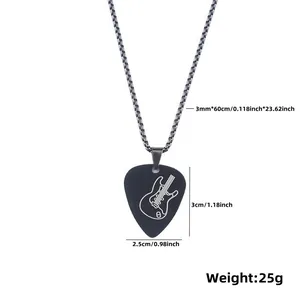 Detail of matte black guitar pick pendant with white electric guitar outline and ball chain
