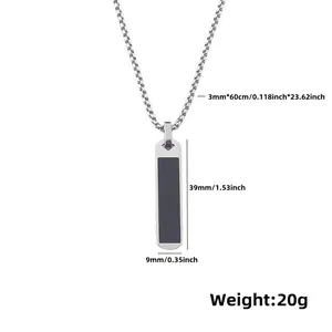 Detailed view of silver bar pendant and 3mm x 60cm box chain with size measurements