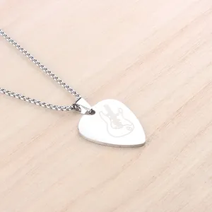 Polished stainless steel guitar pick pendant with guitar outline engraving and link chain