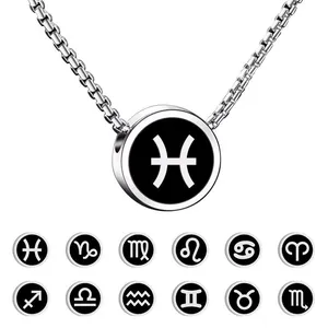 Collana Con Ciondolo Dodici Segni Zodiacali in Acciaio Inossidabile per Uomo Donna Hip Hop Smalto Nero Tondo Gioielli