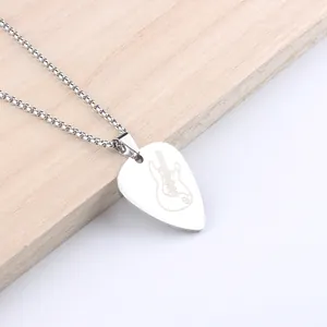 Polished stainless steel guitar pick necklace with engraved musical pattern for men and women