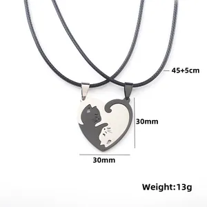Detail of cat couple puzzle heart pendant with 30mm size and 45+5cm chain specs