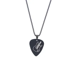 Black matte heart guitar pick pendant on stainless steel chain for music lovers