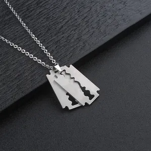Men's hip hop necklace with stacked razor blade pendant in brushed stainless steel finish