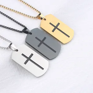 Collar Con Colgante Dog Tag De Cruz De Acero Inoxidable Vintage Para Hombre Estilo Minimalista De Metal Cepillado Joyería Religiosa Regalo