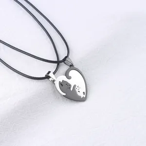 Cat couple puzzle necklace with black and white stainless steel heart pendants