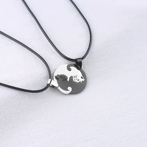 Matching cat couple necklaces with interlocking black and silver stainless steel heart pendants