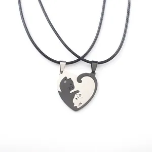 Couples stainless steel necklaces with black and white puzzle heart cat pendants