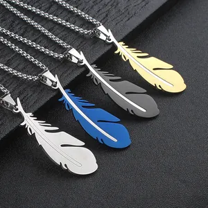 Detailed set of four stainless steel feather pendants in silver, gold, black, and blue