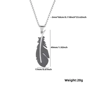 Detail view of steel feather pendant with 60cm box chain and size specifications