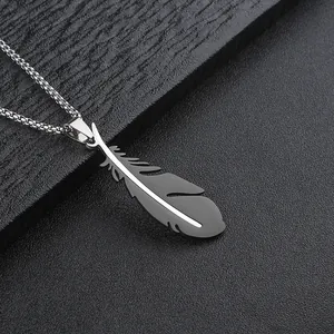 Detailed view of silver stainless steel feather pendant with a sturdy round box chain
