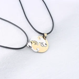 Cat puzzle couple necklaces in gold and silver finish with black woven cords
