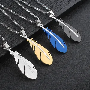 Macro detail of stainless steel feather pendants in silver, gold, blue, and black finishes