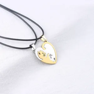 Cat couple necklaces featuring interlocking heart pendants in gold and silver finish