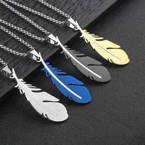 Hip Hop Stainless Steel Feather Pendant Necklace For Men Punk Streetwear Box Chain Steel Black Blue Gold Jewelry Gift