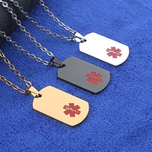 Détails des pendentifs d'alerte médicale rectangulaires en argent, noir et acier doré