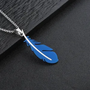 Men's hip hop stainless steel necklace with a blue feather pendant and silver chain link