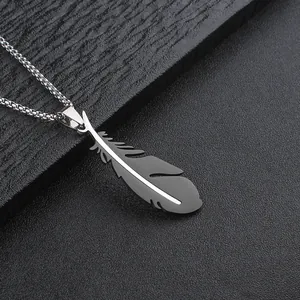 Polished stainless steel feather pendant necklace for men with fine metal chain on black background