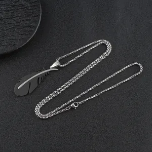 Matte black stainless steel feather pendant necklace with silver box chain for men
