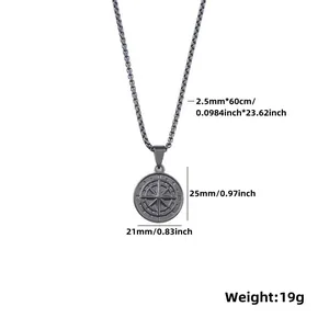 Detail of vintage black box chain necklace with compass pendant and dimension specs