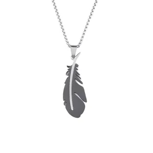 Men's stainless steel necklace with dual-tone feather pendant and box chain on white