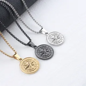 Men's Stainless Steel Compass Coin Pendant Necklace Retro Nautical Compass Rose Box Chain Necklace Jewelry For Men Women