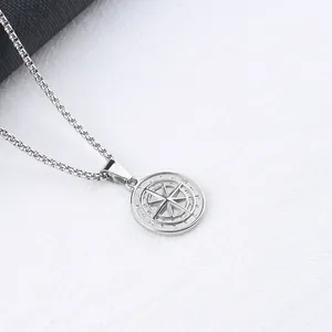 Polished stainless steel compass pendant necklace with N, E, W, S engraving for men