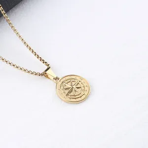 Gold stainless steel compass pendant necklace with box chain for men on white background