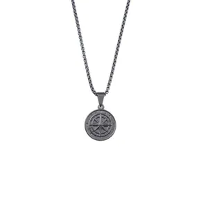 Matte black stainless steel compass pendant necklace for men with box chain